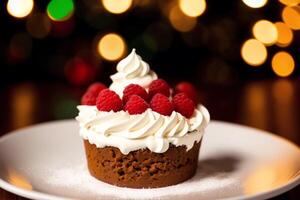 Delicious Chocolate cake with cream and icing sugar on a white plate. Eclairs with chocolate cream and cherry, photo