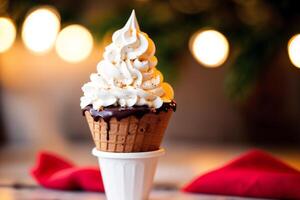 delicious Ice cream cone with chocolate and whipped cream on a wooden table. sweet food. photo