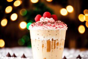 A glass of milkshake with whipped cream and blackberries.Strawberry milkshake, Raspberry milkshake. photo