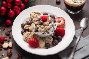 delicious Homemade ice cream with chocolate chips in a bowl on a wooden table. sweet food. photo