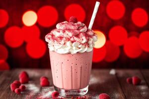 A glass of milkshake with whipped cream and blackberries.Strawberry milkshake, Raspberry milkshake. photo