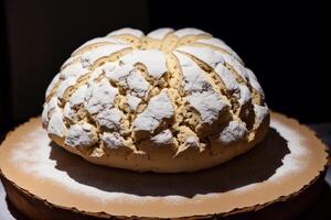 recién horneado un pan en un de madera junta, de cerca. francés un pan. pan de blanco un pan. generativo ai foto