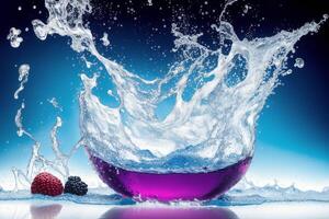 Water splash with bubbles on blue background. Abstract background. photo