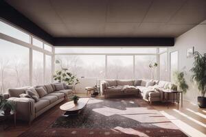 interior of modern living room with sofa, coffee table and plants. Generative AI photo