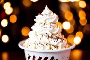 delicious Ice cream cone with chocolate and whipped cream on a wooden table. sweet food. photo