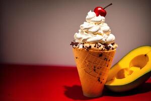 delicious Ice cream cone with chocolate and whipped cream on a wooden table. sweet food. photo