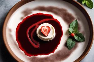 Panna cotta with berry sauce, chocolate and cocoa powder and mint. Delicious chocolate pudding with raspberry sauce. photo