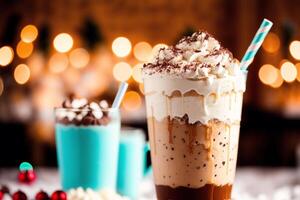 A glass of milkshake with whipped cream and blackberries.Strawberry milkshake, Raspberry milkshake. photo