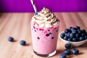 A glass of milkshake with whipped cream and blackberries.Strawberry milkshake, Raspberry milkshake. photo