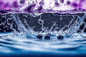 Water splash with bubbles on blue background. Abstract background. photo