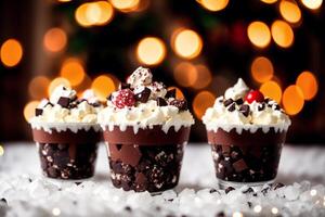 delicious Ice cream cone with chocolate and whipped cream on a wooden table. sweet food. photo