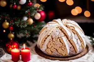 Freshly baked bread on a wooden board, close-up. French bread. loaf of white bread. photo