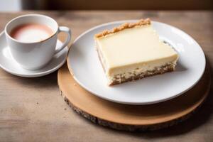 vainilla rebanada. delicioso chocolate tarta de queso con taza de café en de madera mesa. generativo ai foto