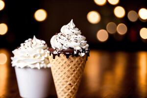 delicious Ice cream cone with chocolate and whipped cream on a wooden table. sweet food. photo