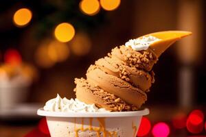 delicious Ice cream cone with chocolate and whipped cream on a wooden table. sweet food. photo