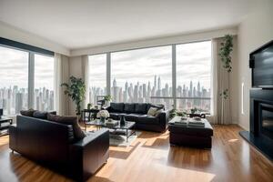 interior of modern living room with sofa, coffee table and plants. photo