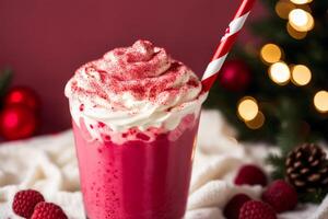 A glass of milkshake with whipped cream and blackberries.Strawberry milkshake, Raspberry milkshake. photo