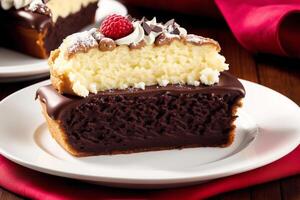 Delicious Chocolate cake with cream and icing sugar on a white plate. Eclairs with chocolate cream and cherry, photo