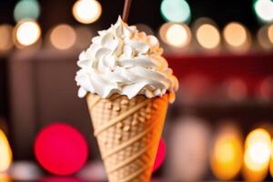 delicious Ice cream cone with chocolate and whipped cream on a wooden table. sweet food. photo