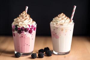 A glass of milkshake with whipped cream and blackberries.Strawberry milkshake, Raspberry milkshake. photo