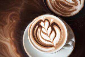 Cup of cappuccino with latte art on wooden background. photo