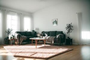 interior of modern living room with sofa, coffee table and plants. Generative AI photo