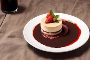 Panna cotta with berry sauce, chocolate and cocoa powder and mint. Delicious chocolate pudding with raspberry sauce. photo