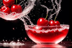 delicious cherry in water splash on black background. Healthy food concept. photo