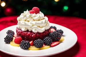 Navidad pastel con azotado crema y Fresco bayas en un de madera mesa. delicioso pudín con frambuesa salsa. generativo ai foto