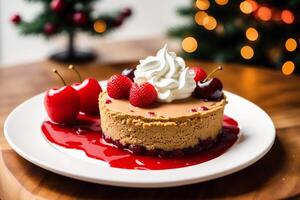 Navidad pastel con azotado crema y Fresco bayas en un de madera mesa. delicioso pudín con frambuesa salsa. generativo ai foto