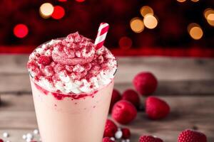 A glass of milkshake with whipped cream and blackberries.Strawberry milkshake, Raspberry milkshake. photo