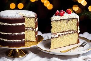 Chocolate cake with raspberries and cream on a wooden table. Homemade cake with nuts and honey. photo