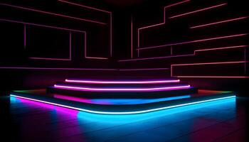 Futuristic Stage colorful neon lights stages room background and backdrop, empty podium for Product Display or Presentations, abstract modern, Perfect for Showcases and Modern Projects. 3D Rendering. photo