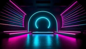 Futuristic Stage colorful neon lights stages room background and backdrop, empty podium for Product Display or Presentations, abstract modern, Perfect for Showcases and Modern Projects. 3D Rendering. photo