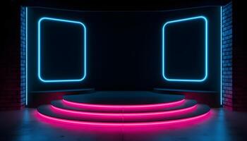 Futuristic Stage colorful neon lights stages room background and backdrop, empty podium for Product Display or Presentations, abstract modern, Perfect for Showcases and Modern Projects. 3D Rendering. photo
