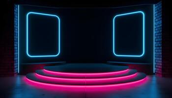 Futuristic Stage colorful neon lights stages room background and backdrop, empty podium for Product Display or Presentations, abstract modern, Perfect for Showcases and Modern Projects. 3D Rendering. photo