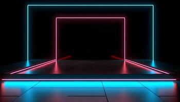 Futuristic Stage colorful neon lights stages room background and backdrop, empty podium for Product Display or Presentations, abstract modern, Perfect for Showcases and Modern Projects. 3D Rendering. photo