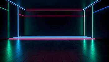 Futuristic Stage colorful neon lights stages room background and backdrop, empty podium for Product Display or Presentations, abstract modern, Perfect for Showcases and Modern Projects. 3D Rendering. photo