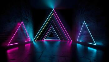Futuristic Stage colorful neon lights stages room background and backdrop, empty podium for Product Display or Presentations, abstract modern, Perfect for Showcases and Modern Projects. 3D Rendering. photo