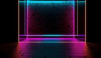 Futuristic Stage colorful neon lights stages room background and backdrop, empty podium for Product Display or Presentations, abstract modern, Perfect for Showcases and Modern Projects. 3D Rendering. photo