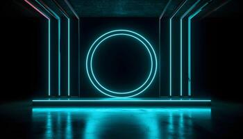 Futuristic Stage colorful neon lights stages room background and backdrop, empty podium for Product Display or Presentations, abstract modern, Perfect for Showcases and Modern Projects. 3D Rendering. photo