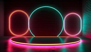 Futuristic Stage colorful neon lights stages room background and backdrop, empty podium for Product Display or Presentations, abstract modern, Perfect for Showcases and Modern Projects. 3D Rendering. photo