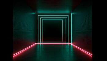 Futuristic Stage colorful neon lights stages room background and backdrop, empty podium for Product Display or Presentations, abstract modern, Perfect for Showcases and Modern Projects. 3D Rendering. photo
