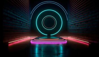 Futuristic Stage colorful neon lights stages room background and backdrop, empty podium for Product Display or Presentations, abstract modern, Perfect for Showcases and Modern Projects. 3D Rendering. photo