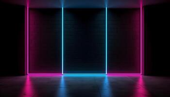 Futuristic Stage colorful neon lights stages room background and backdrop, empty podium for Product Display or Presentations, abstract modern, Perfect for Showcases and Modern Projects. 3D Rendering. photo