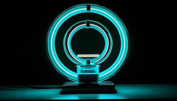Standing bright white circle neon light background and backdrop and some negative space at the center. photo