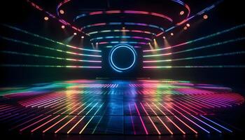 Futuristic Stage colorful neon lights stages room background and backdrop, empty podium for Product Display or Presentations, abstract modern, Perfect for Showcases and Modern Projects. 3D Rendering. photo