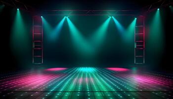 Futuristic Stage colorful neon lights stages room background and backdrop, empty podium for Product Display or Presentations, abstract modern, Perfect for Showcases and Modern Projects. 3D Rendering. photo