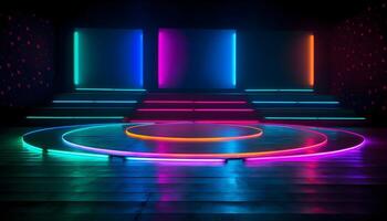 Futuristic Stage colorful neon lights stages room background and backdrop, empty podium for Product Display or Presentations, abstract modern, Perfect for Showcases and Modern Projects. 3D Rendering. photo