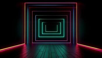Futuristic Stage colorful neon lights stages room background and backdrop, empty podium for Product Display or Presentations, abstract modern, Perfect for Showcases and Modern Projects. 3D Rendering. photo